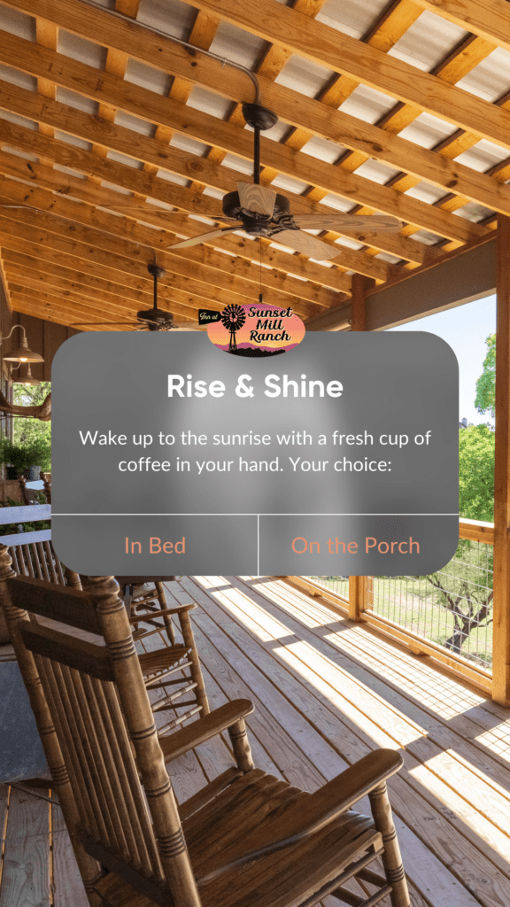 Image of rocking chairs on porch wiht rise and shine text