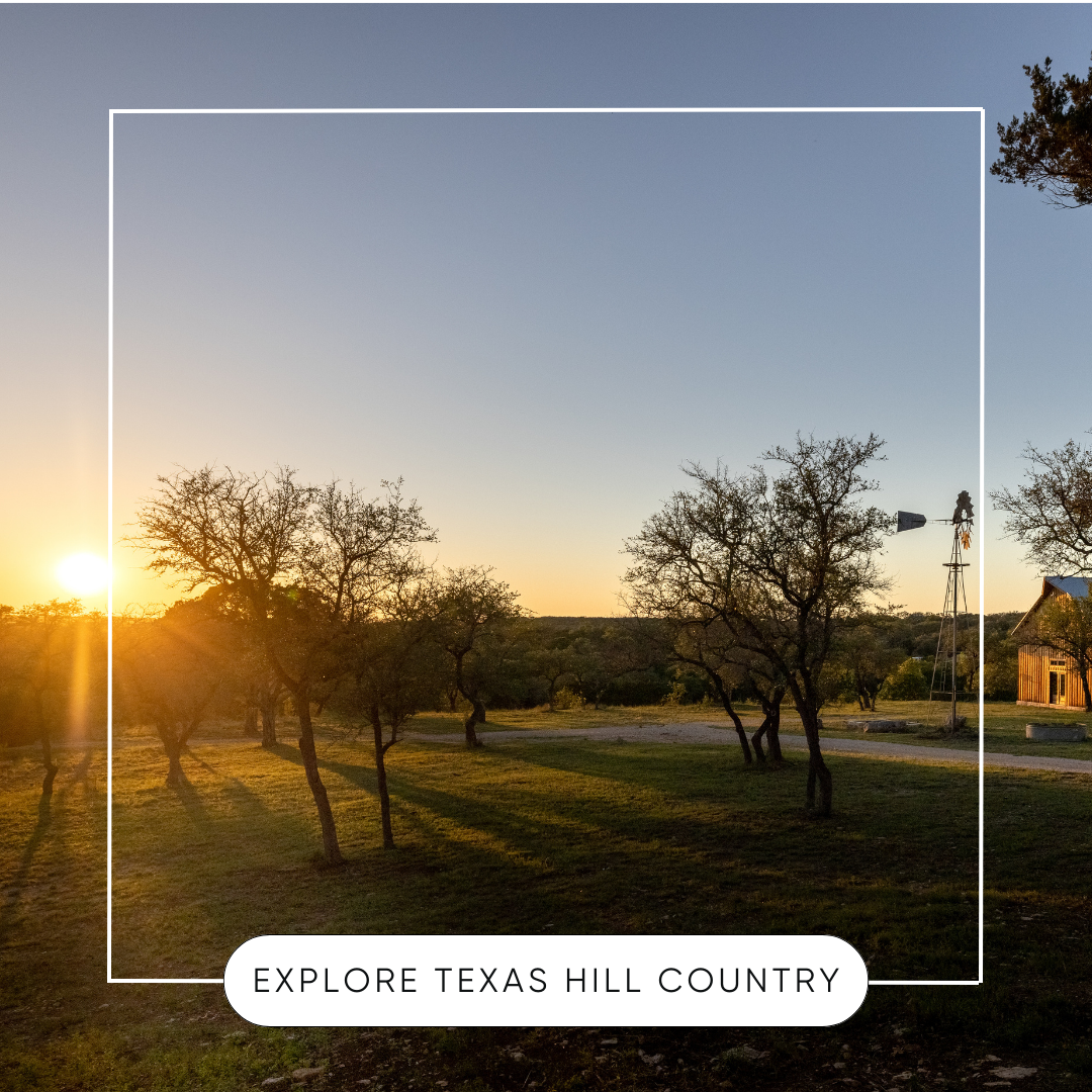 Image of sunset in Texas Hill Country taken at the inn at sunset mill ranch, hotel lodging in wimberley texas