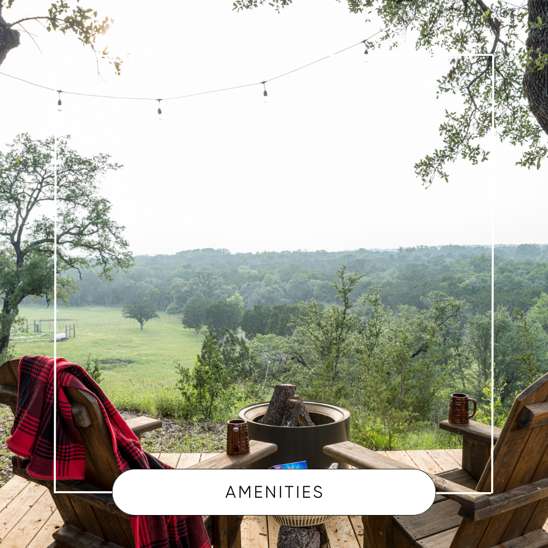 Image of adirondak chairs looking out over texas hill country view at the inn at sunset mill ranch, hotel lodging in wimberley texas