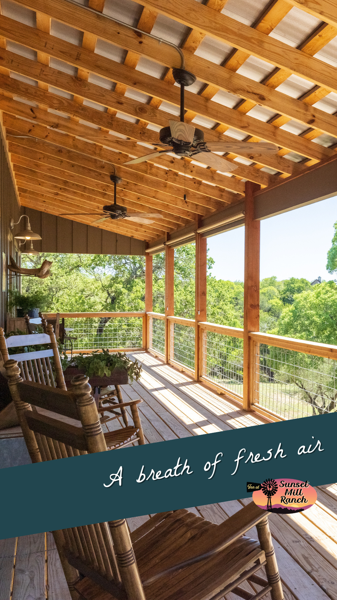 Image of wood rocking chairs on deck overlooking view in Texas Hill Country