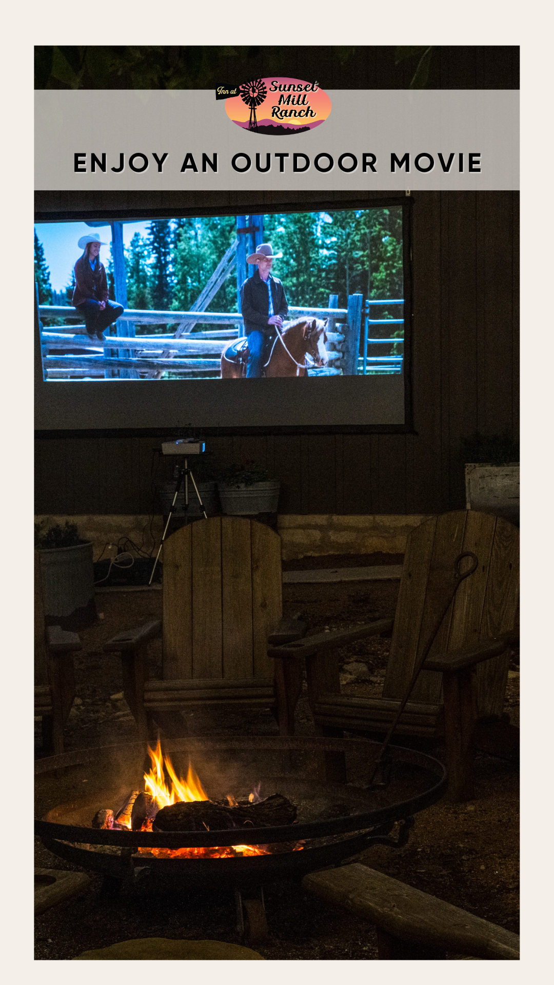 Image of outdoor movie theater screen on ranch with adirondak chairs in the foreground