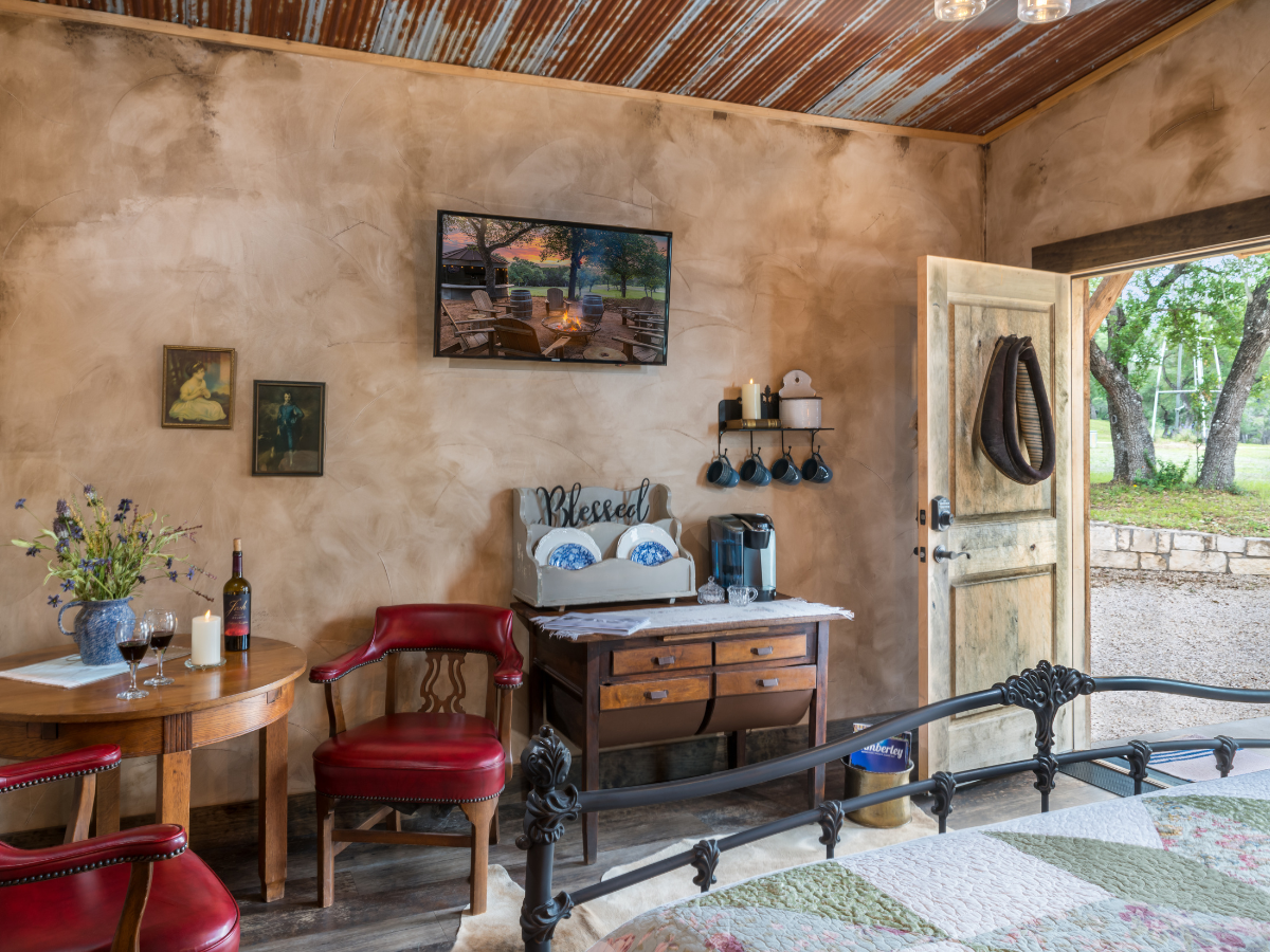 Image of the entrance of hotel room at wimberley lodging Inn at sunset mill ranch