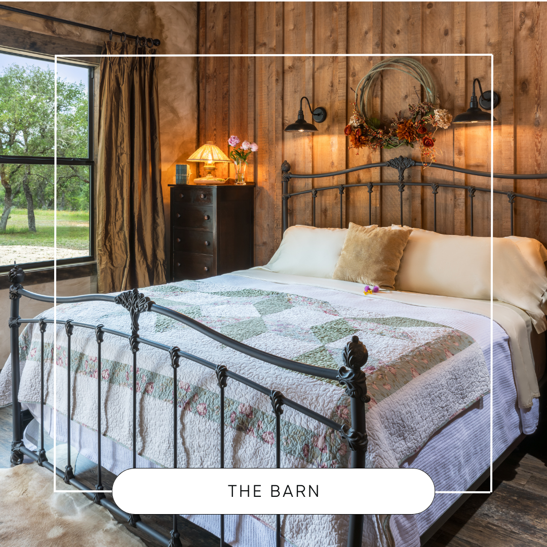 Image of king bed with barn wood wall and picture window at texas hill country resort Inn at Sunset Mill Ranch
