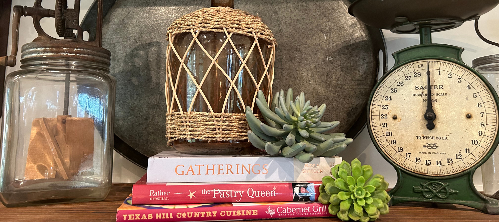 Image of Cookbooks on Shelf in Dining Room at Inn at Sunset Mill Ranch in Wimberley Texas