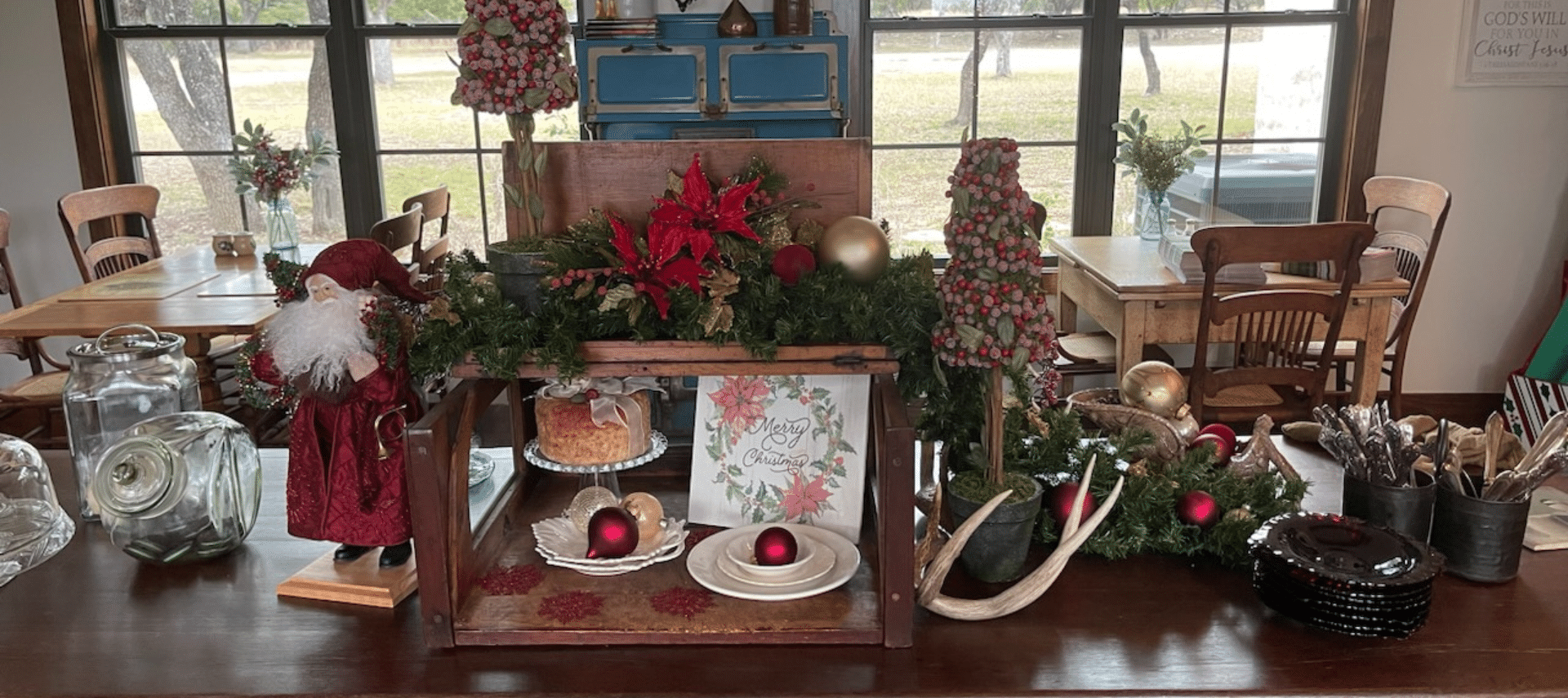 Image of Christmas Decorations on Table at Inn at Sunset Mill Ranch in Wimberley Texas